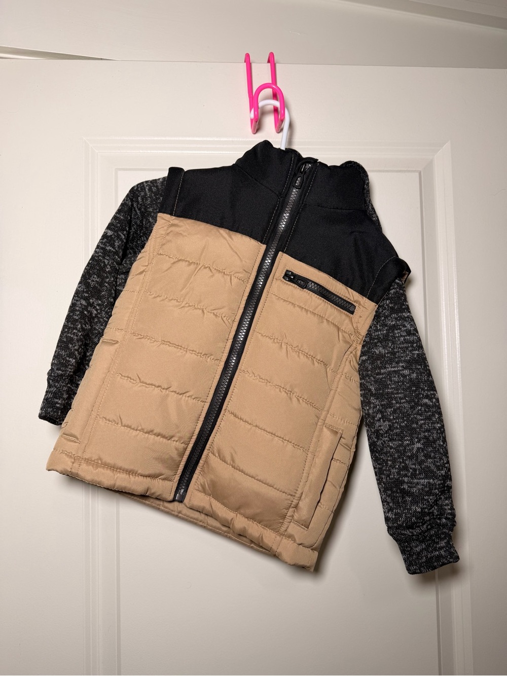 Distortion Boys 2T Colorblock Puffer Jacket Hoodie Tan Black